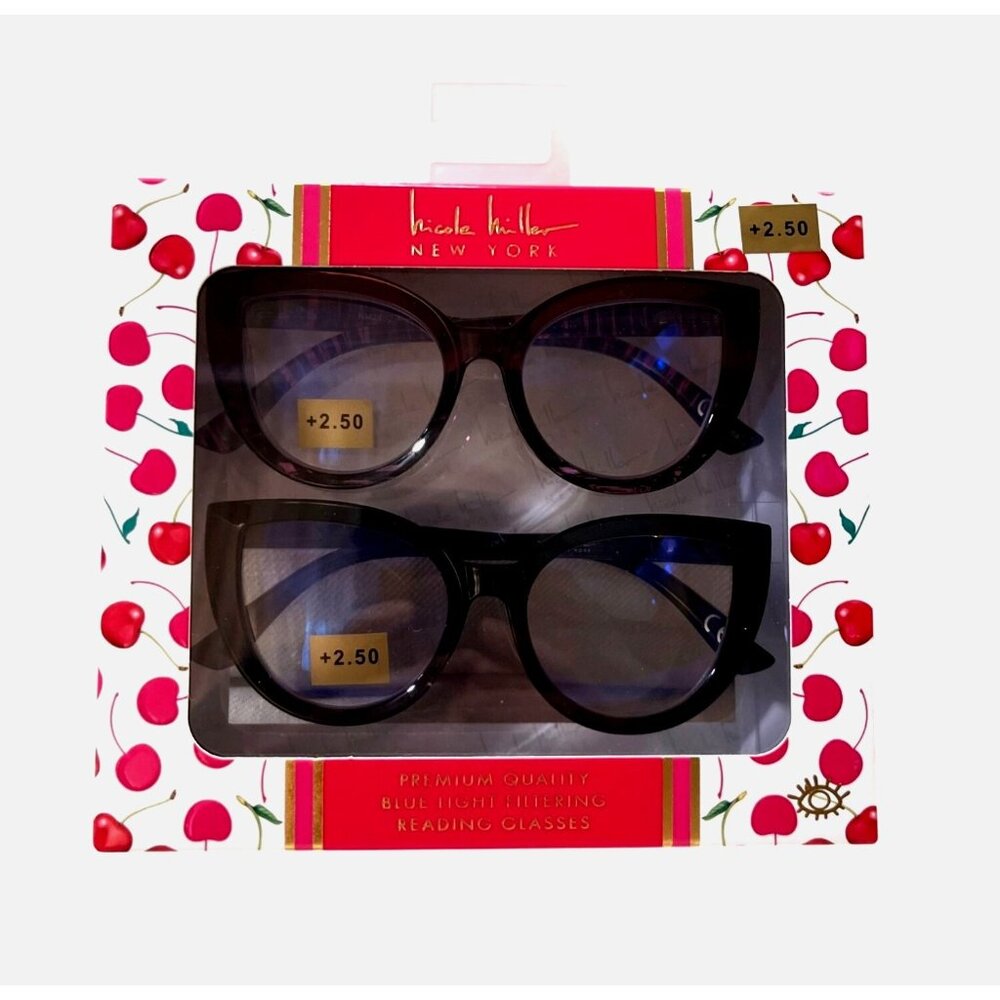 Nicole Miller Reading Glasses Blue Light 2 Pair +2.50 Black Tortoise
